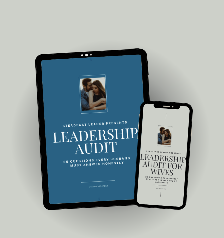 The Leadership Audit shown on a tablet and phone — 25 questions for husbands and a companion version for wives
