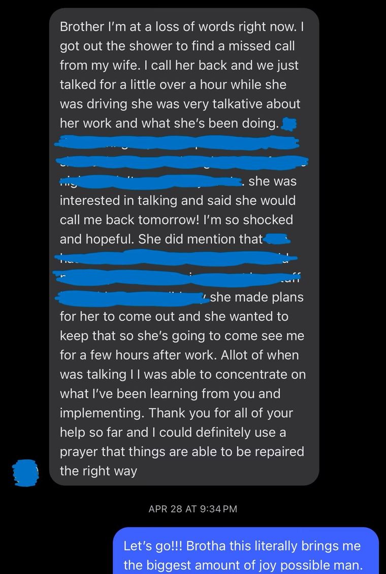 Text message from a husband: a missed call from his wife led to a long, hopeful conversation after he began leading differently at home.