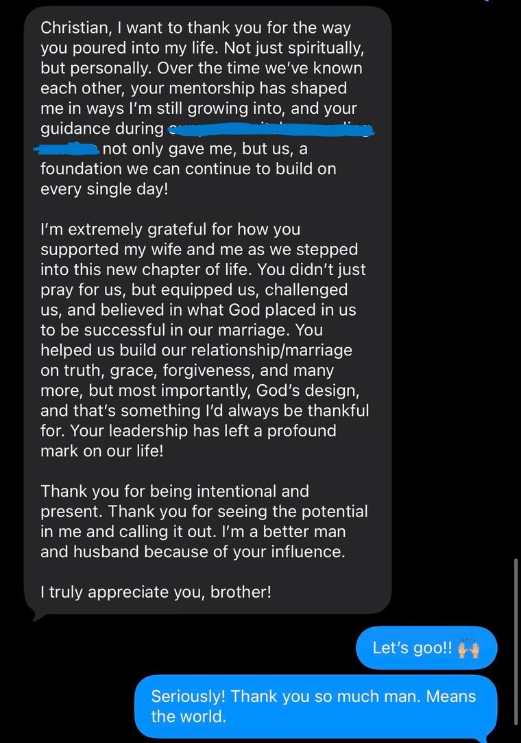 Text message from a husband thanking Christian for mentorship that reshaped his marriage, leadership, and faith.