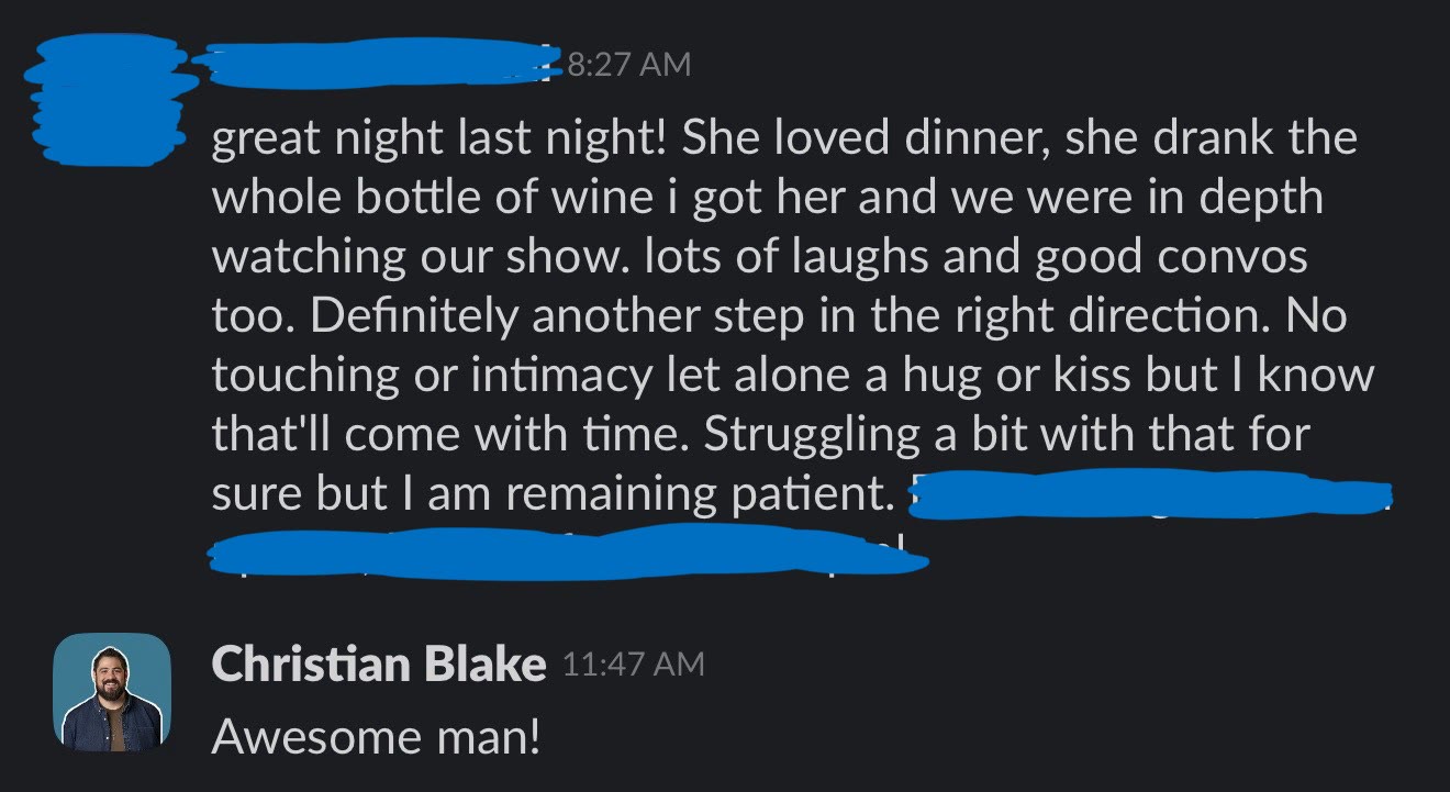 Message from a separated husband sharing a hopeful night reconnecting with his wife — dinner, laughs, and good conversation as a step in the right direction.